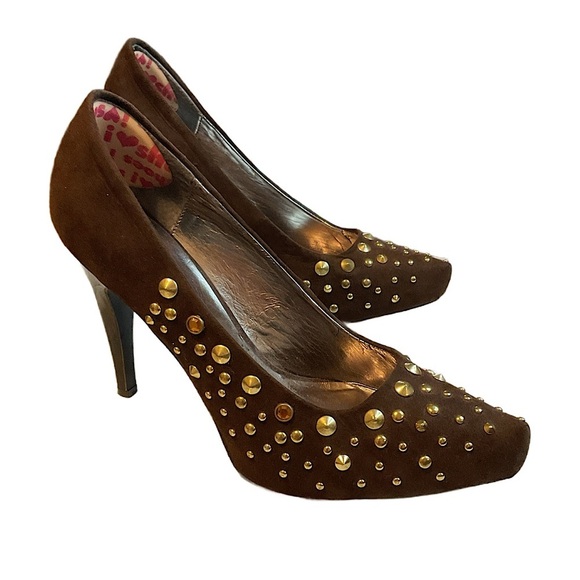 Kathy van Zeeland Y2K rhinestone stud shoes Studded Brown Heels - Picture 1 of 9